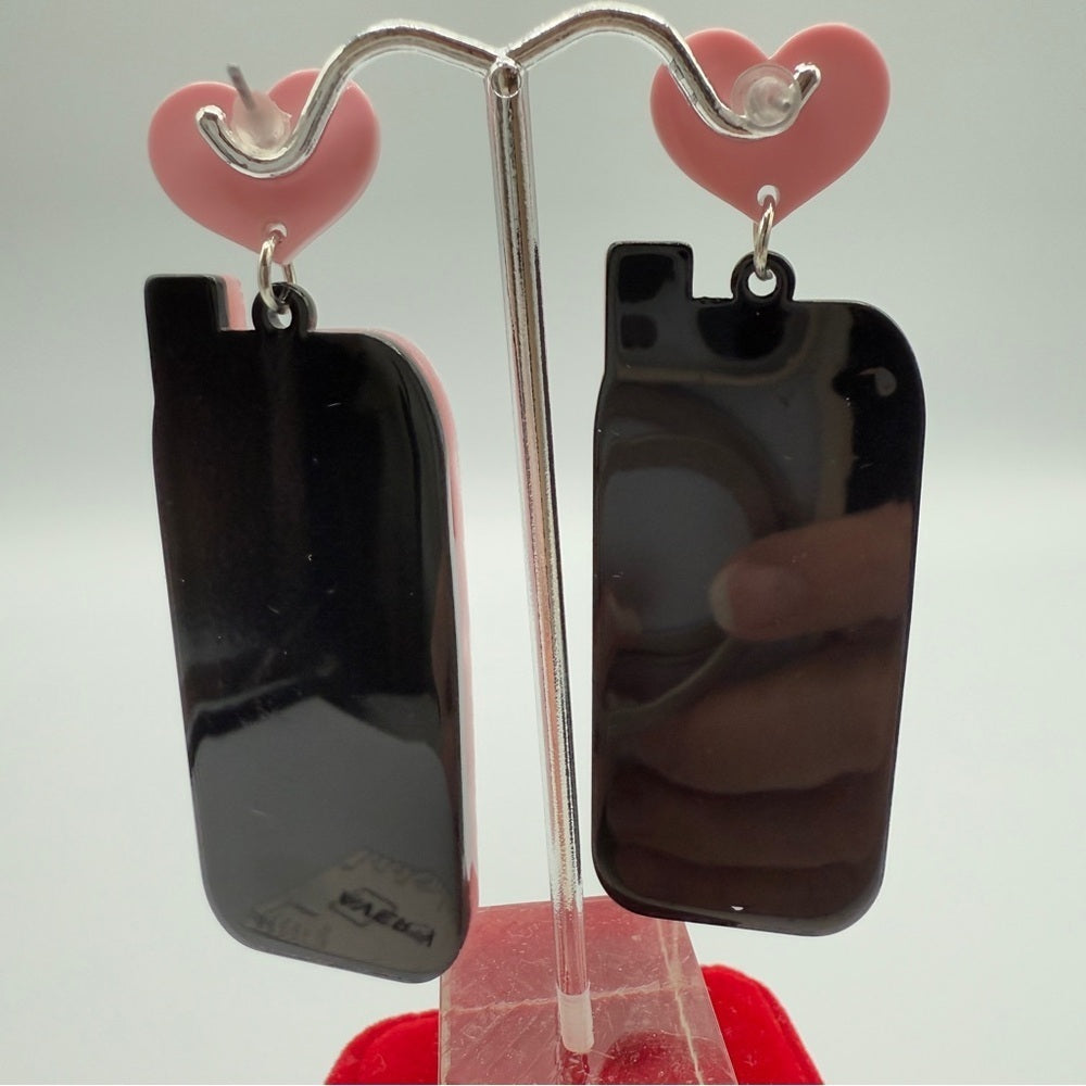 Pink Heart Cell Phone Acrylic Pierced Earrings