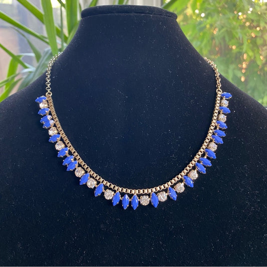 J. Crew Gold Tone Blue and Clear Rhinestone Necklace