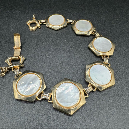 Mother of Pearl Gold Tone Hexagonal Art Deco Bracelet with Safety