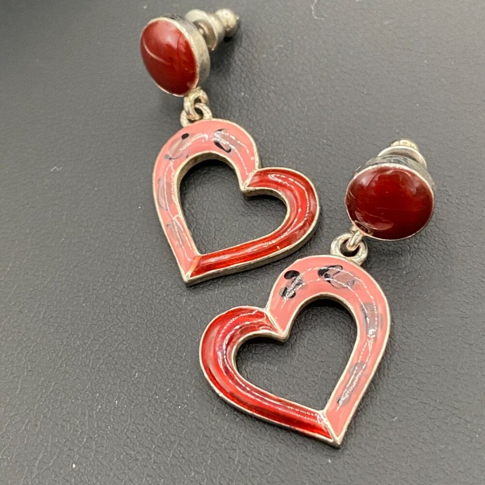 Pink and Red Enamel Heart Dangle Earrings