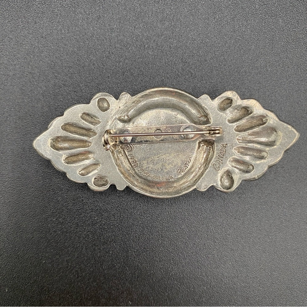 Vintage Signed Seagull Canada Pewter Victorian Style Brooch with Faux Pearl