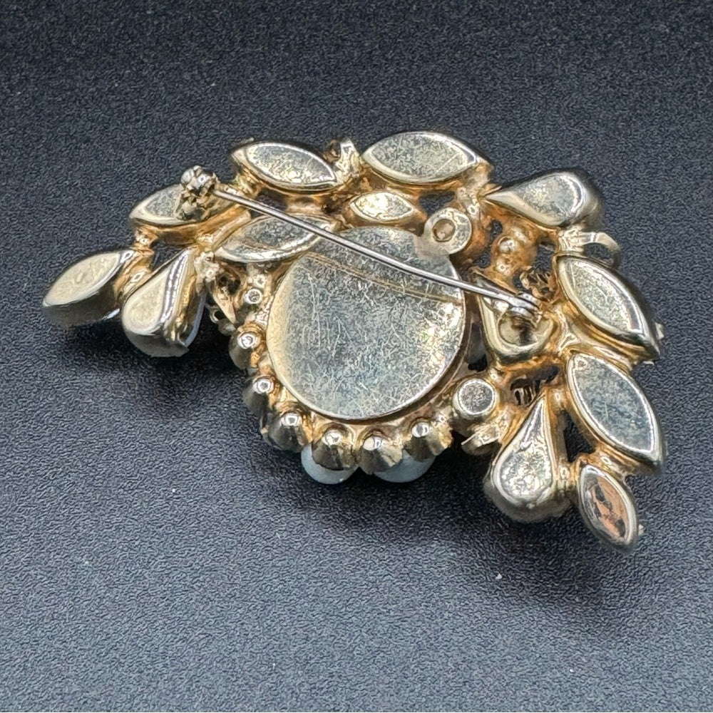 Stunning Blue and Gold Tone Faux Pearl Brooch with Crystal Beads