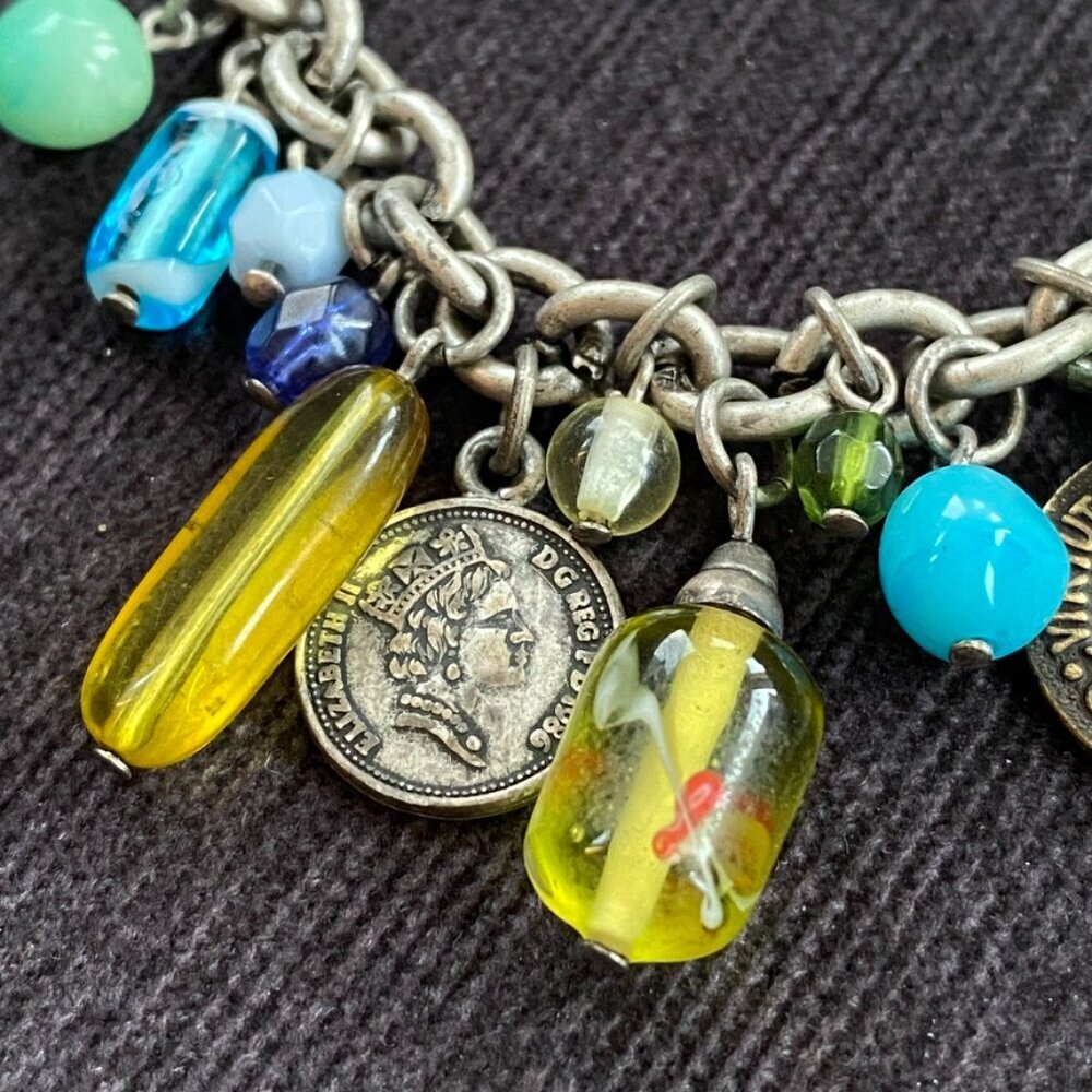 Charm Bracelet with British Empire Coins and Art Glass Murano Beads