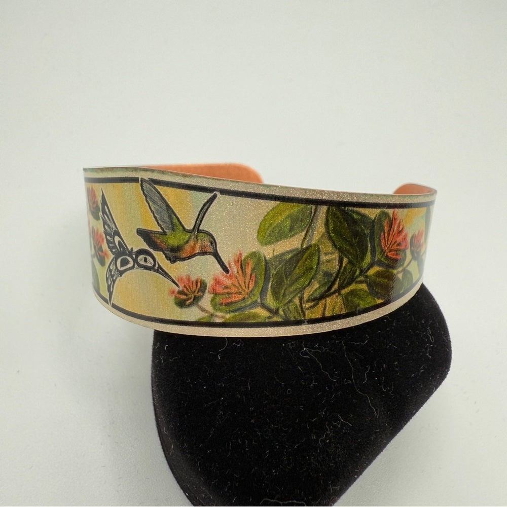 Sue Coleman Copper Cuff Bracelet with Hummingbird Floral Design