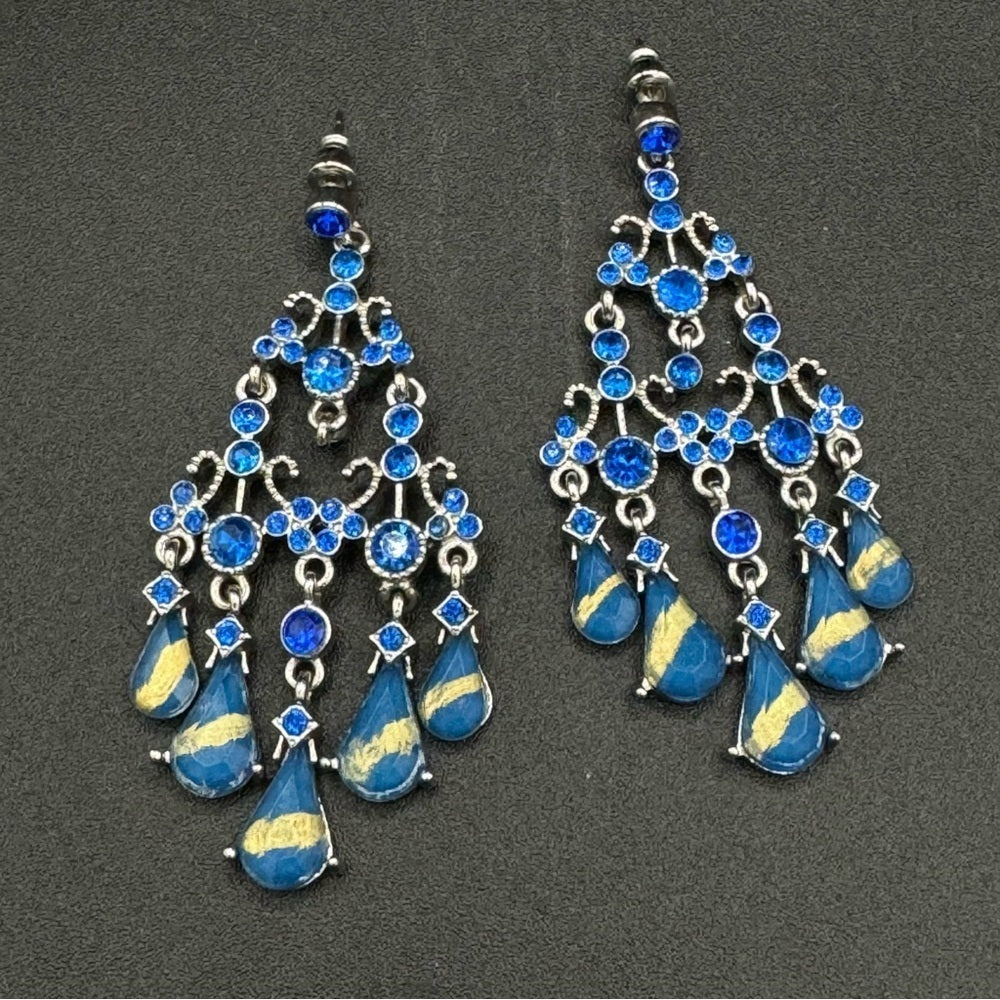 Blue Foil and Gold Accent Statement Chandelier Earrings - Pierced