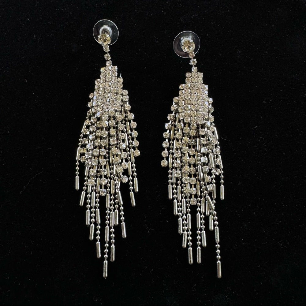 Badgley Mischka Cascading Silver Tone Fringe Rhinestone Earrings Pierced