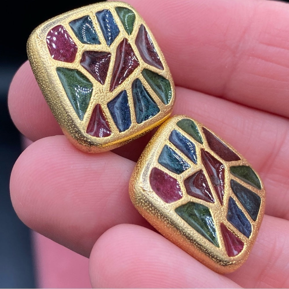 Vintage 1980s Gold Plated Geometric Enamel Earrings Signed Xija