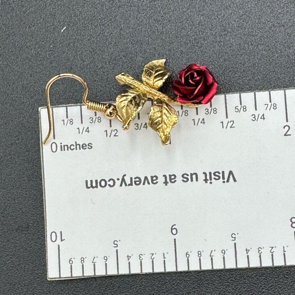 Vintage Red Rose Gold Tone Hook Earrings