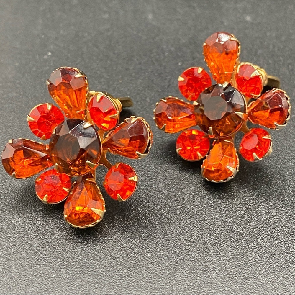 1950s Amber Orange Floral Statement Clip-On Earrings — West Germany Style