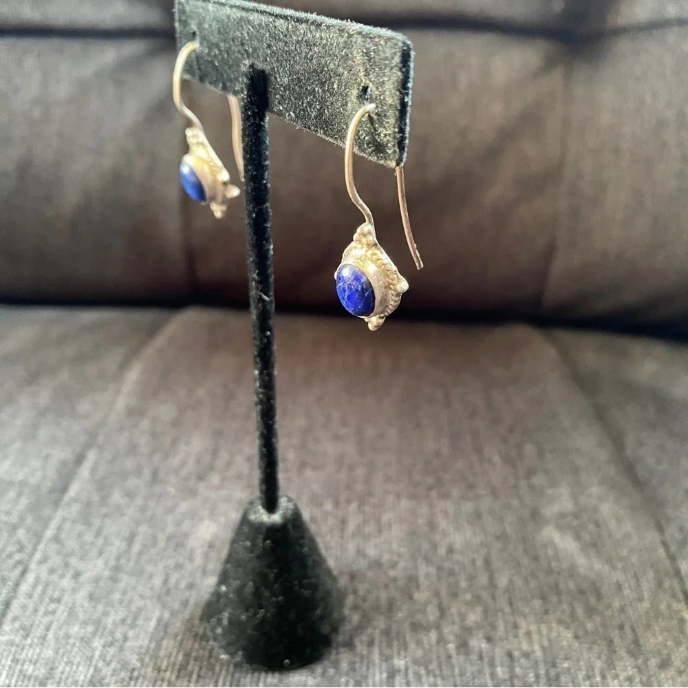Silver Marked Lapis Lazuli Drop Earrings with Hook Backing