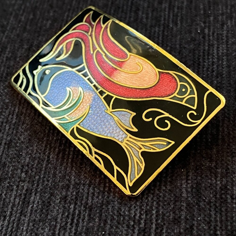 Cloisonne Pin with Bird and Fish Motif on a Gold Tone Setting