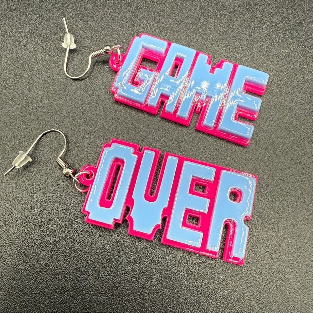 Gamer Girl PC 'Game Over' Acrylic Neon Pink and Blue Earrings - Pierced
