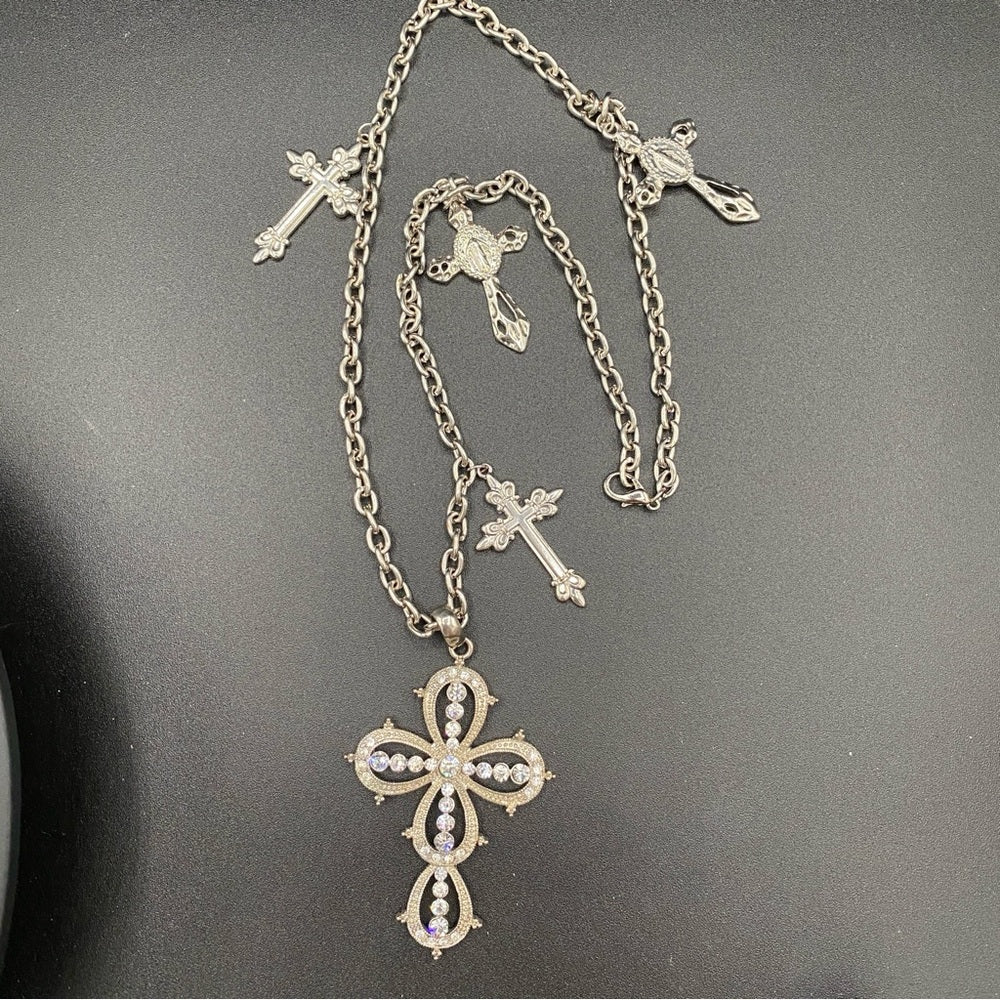 Gothic Multi-Cross Silver Tone Necklace