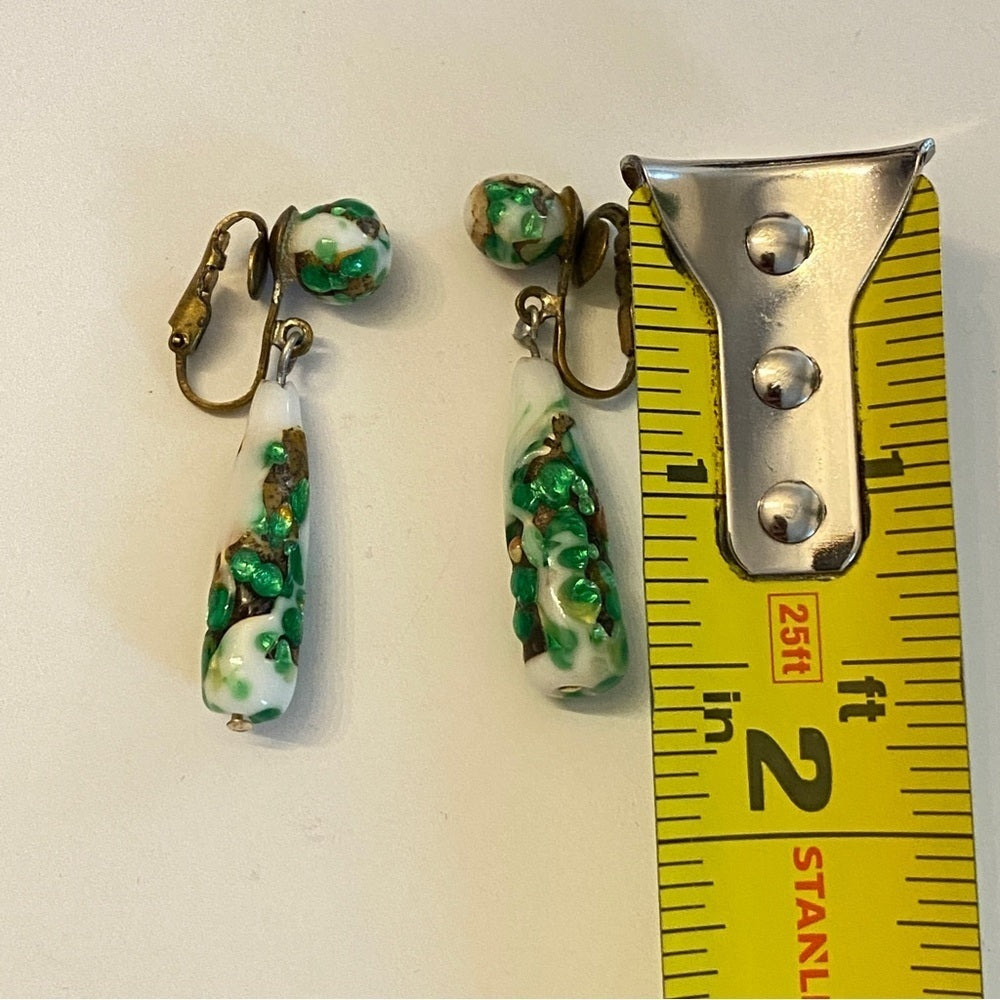 Vintage Venetian Glass Green and White Clip On Drop Earrings