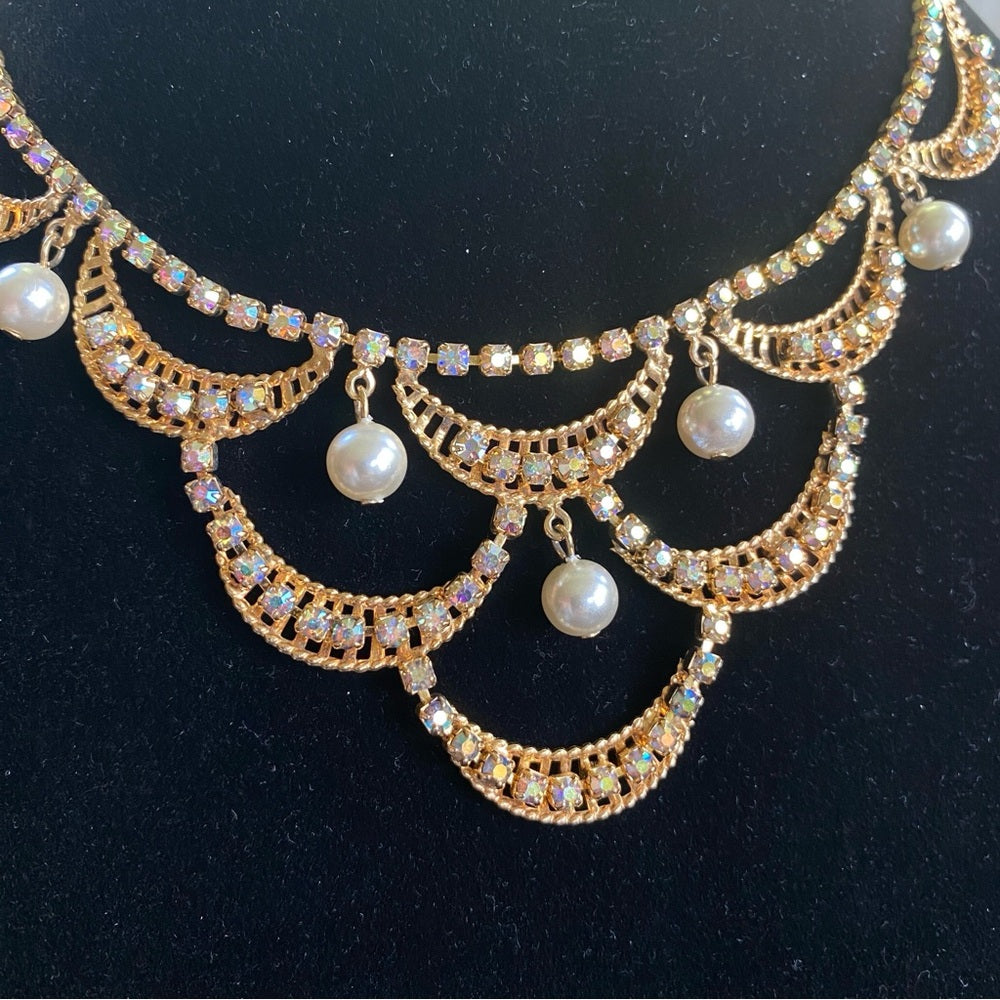 Stunning Crystal Rhinestone and Pearl Glitzy Bib Necklace and Earring Set