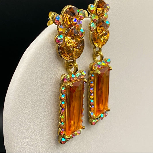 Glamorous Topaz and Aurora Borealis Glass and Rhinestone Drop Earrings Pierced