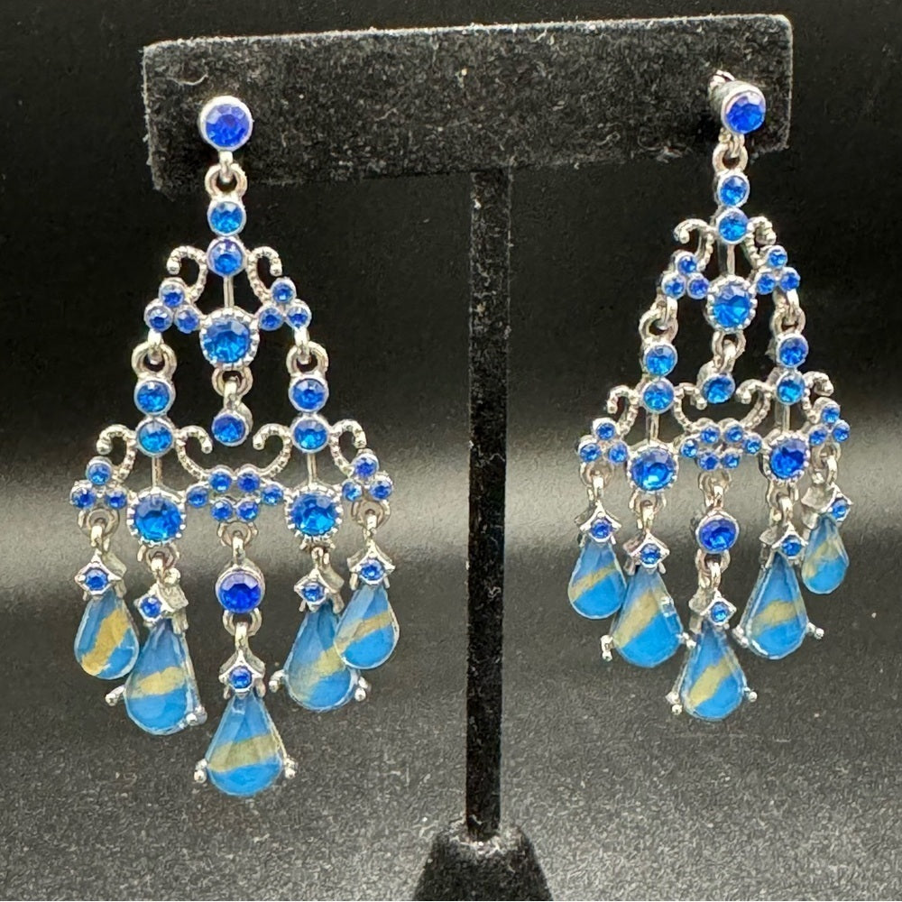 Blue Foil and Gold Accent Statement Chandelier Earrings - Pierced