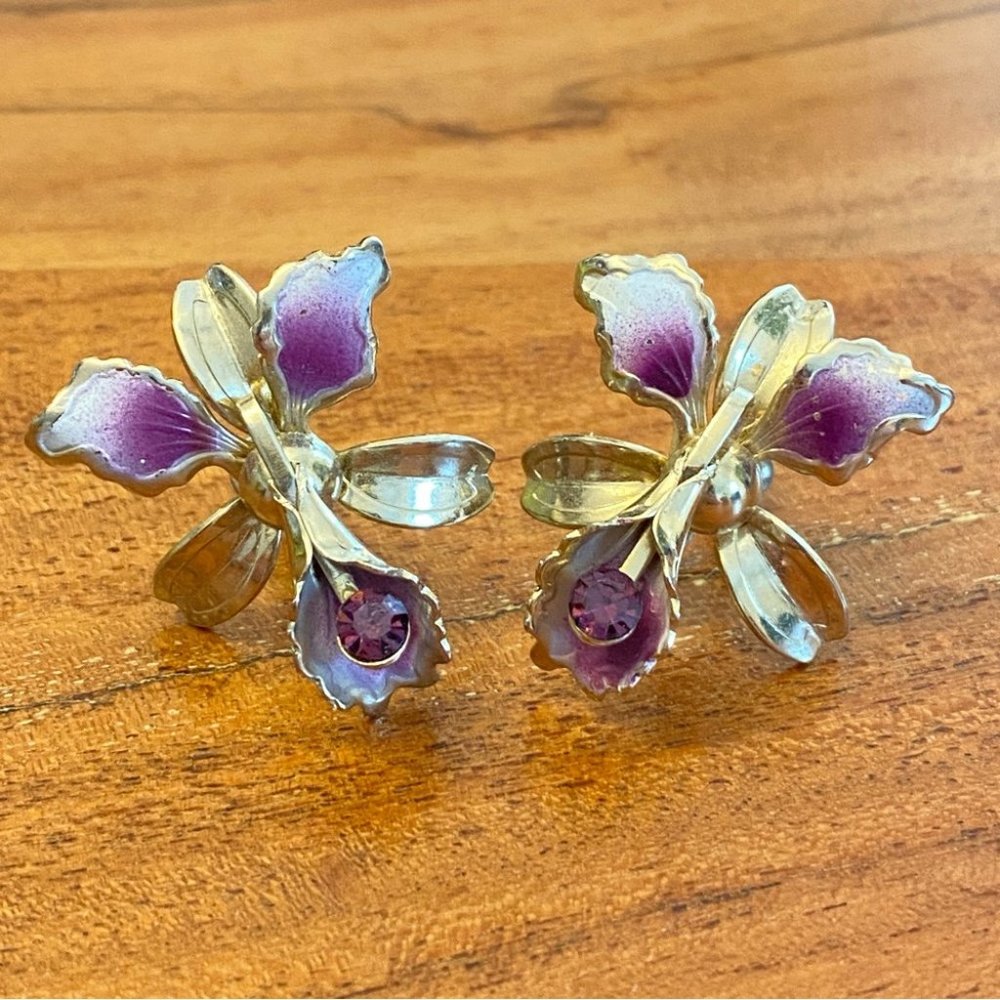 MCM Vintage Orchid Lily Screw back Purple Rhinestone Gold tone Earrings