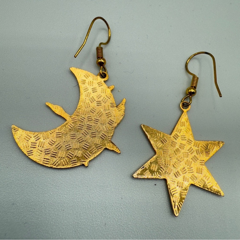 Vintage Cloisonné Bird & Landscape Earrings — Royal Blue & Gold