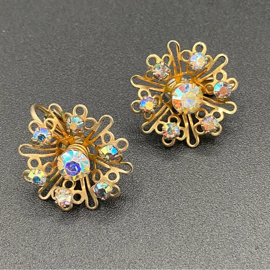 1950s Aurora Borealis Rhinestone Starburst Flower Clip On Earrings