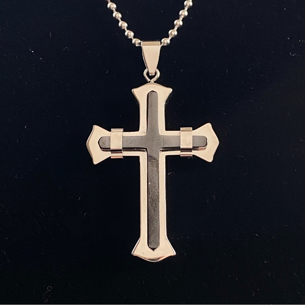 Modernist Stainless Steel Black Onyx Gothic Cross Pendant and 22in Chain