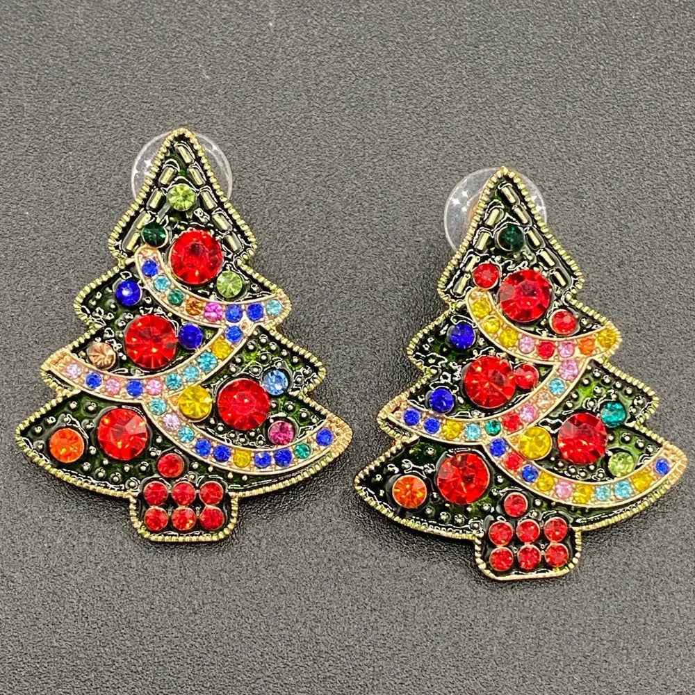 Red Sparkly Christmas Tree Earrings Pierced
