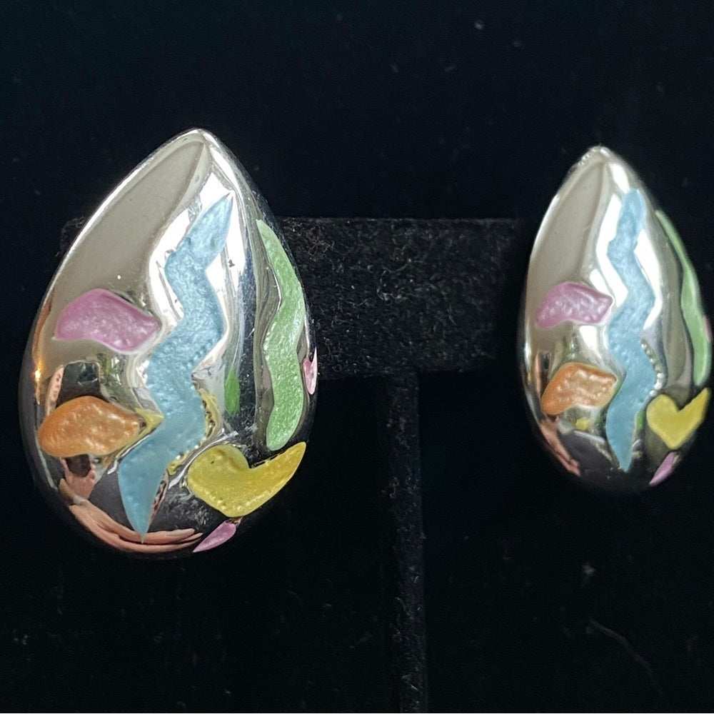 80s Tear drop Silver Tone Fun Pastel Geometric Shape Pierced Earrings