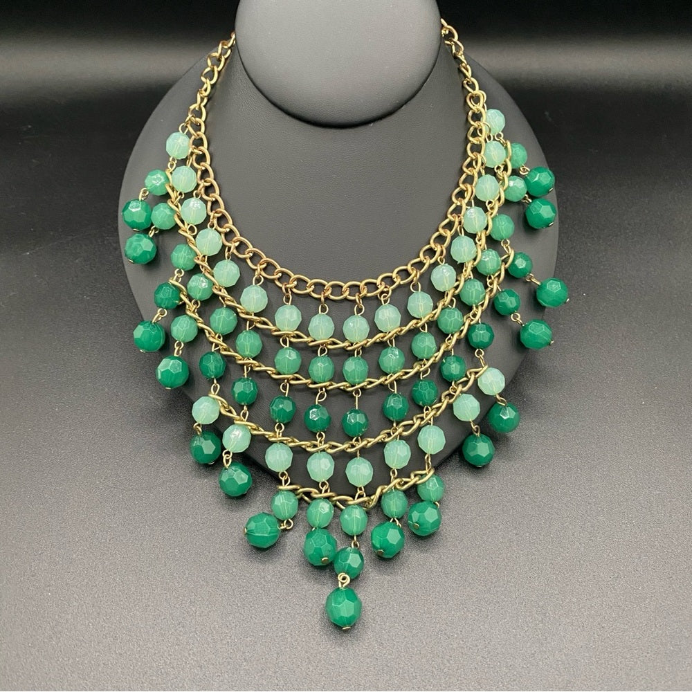 Ombre Green Beaded Fringe Necklace and Pretty Gold Tone Chunky Chain