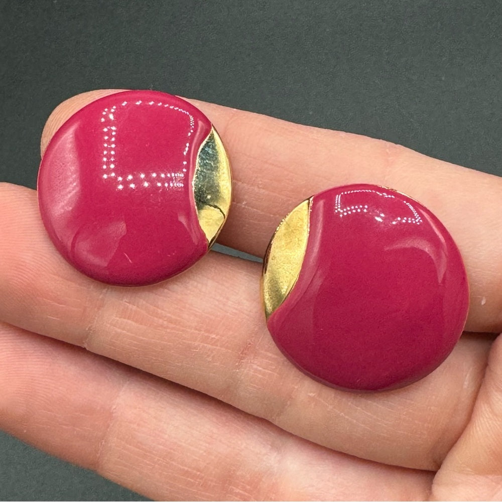 Dusty Rose Enamel and Gold Pierced 80s Earrings