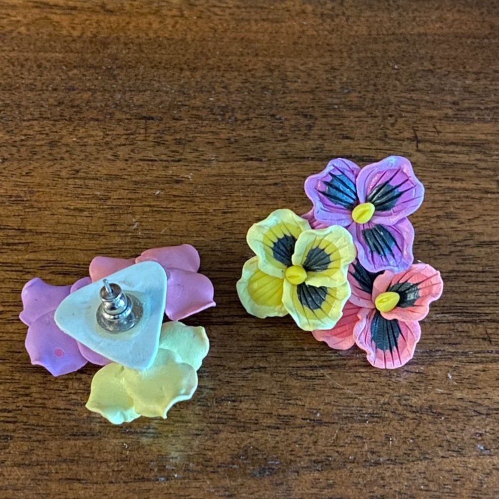 Pansy Flower Bunch Polymer Push Back Earrings