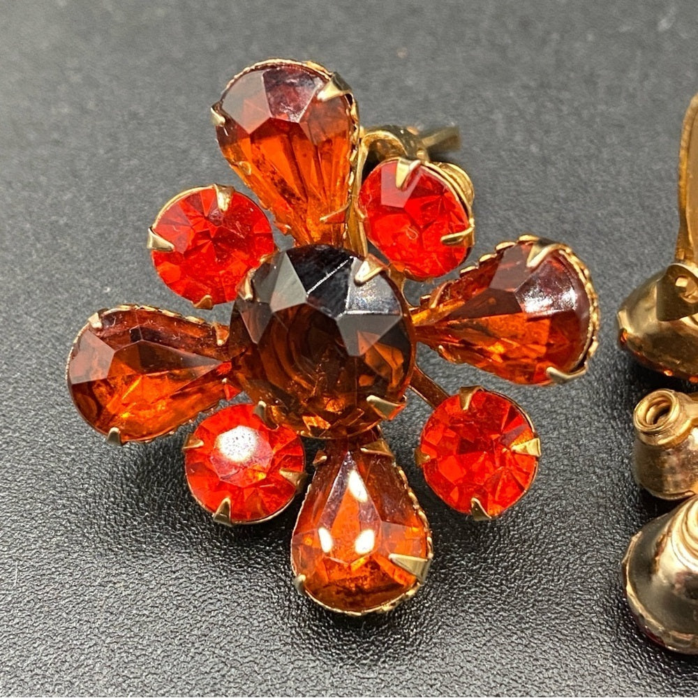 1950s Amber Orange Floral Statement Clip-On Earrings — West Germany Style