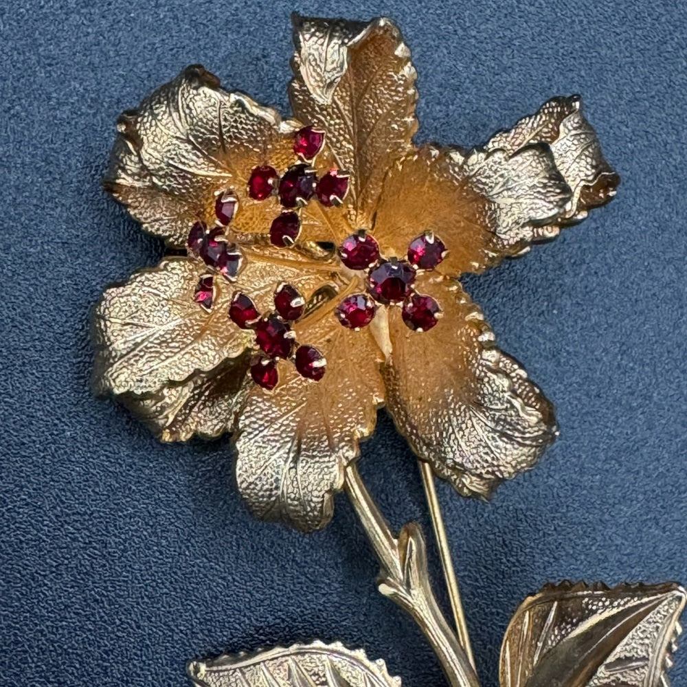 Trembler Flower Brooch with Red Rhinestone Pistil Centre