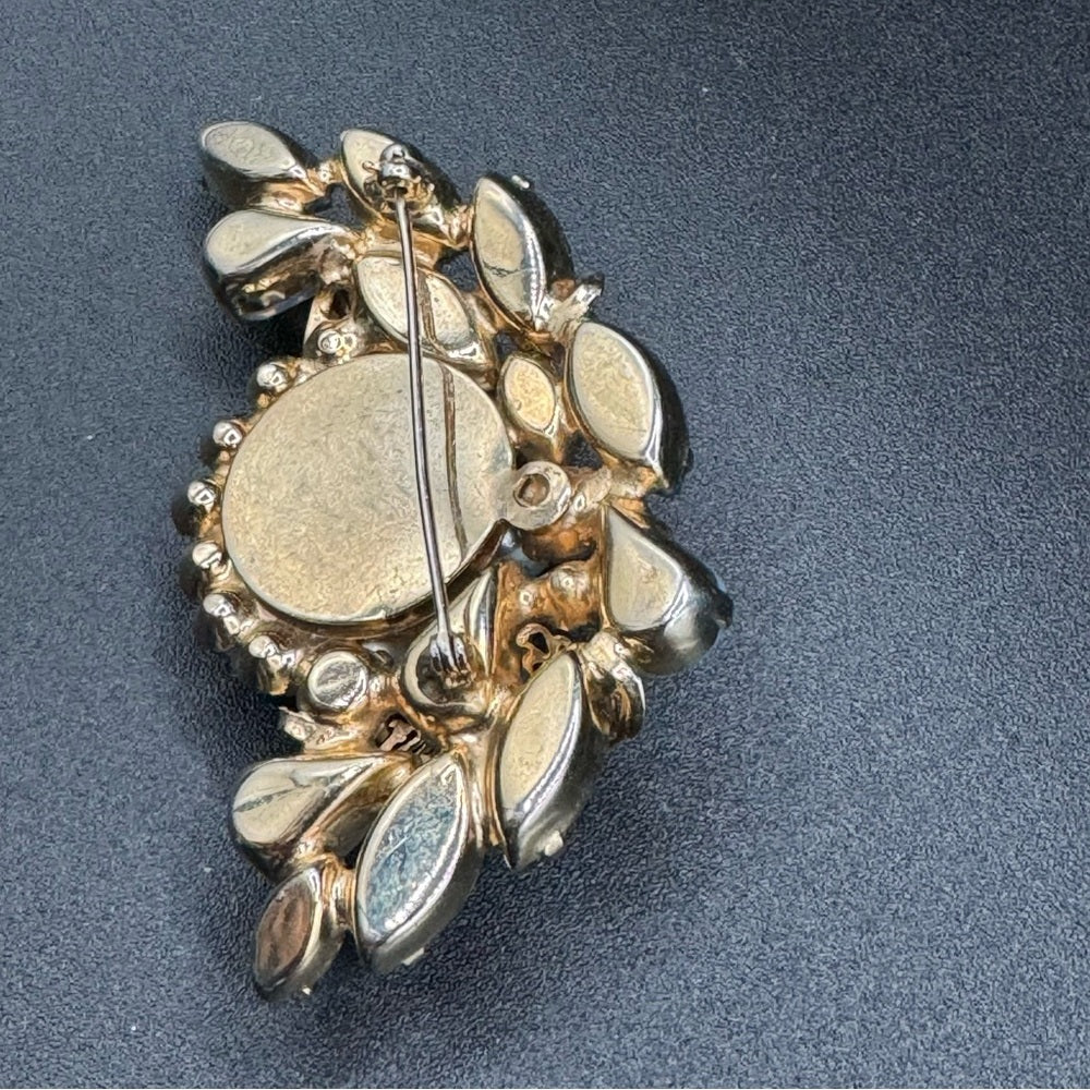 Stunning Blue and Gold Tone Faux Pearl Brooch with Crystal Beads