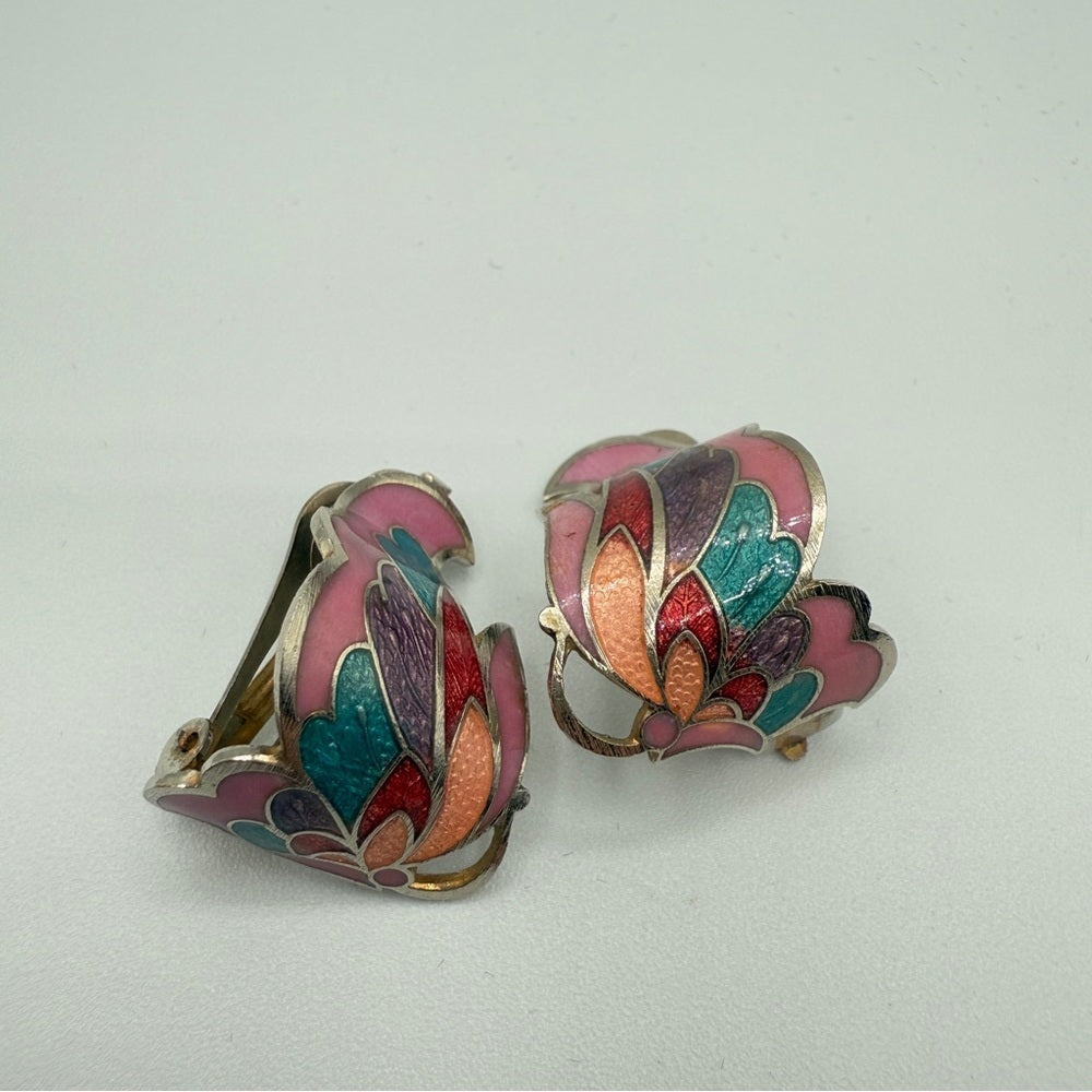 Vintage Cloisonné Enamel Butterfly Wing Clip-On Earrings