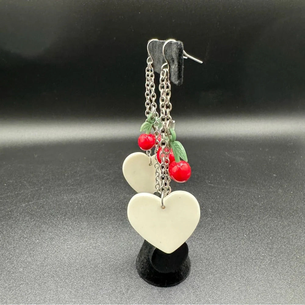 Red Cherry Heart Dangly Earrings 90s Style