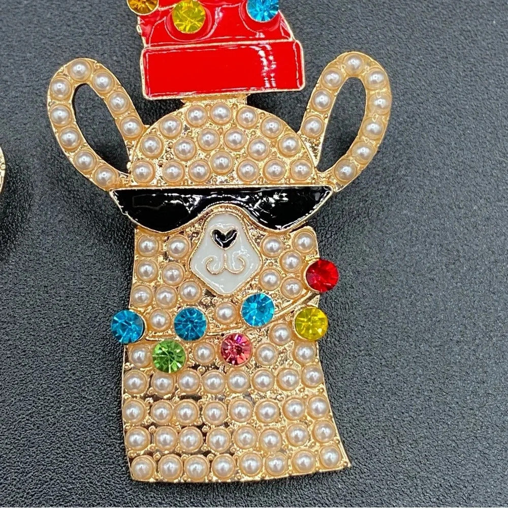 Festive Llama Reindeer Rhinestone Beaded Christmas Earrings - Pierced
