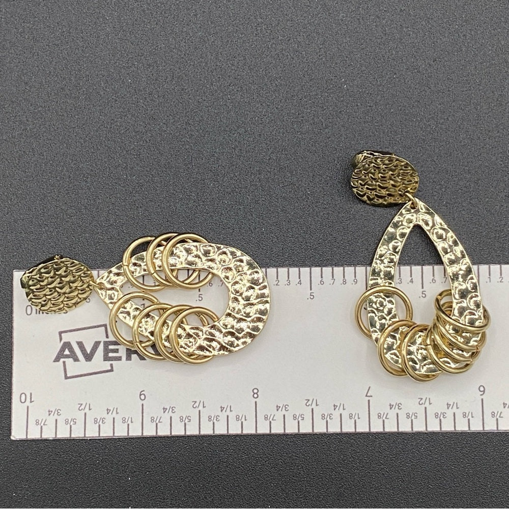 Vintage 80s Hammered Gold Tone Dangly Hoop Clip On Earrings