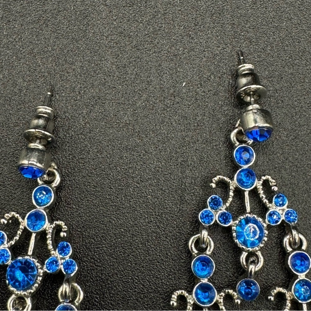 Blue Foil and Gold Accent Statement Chandelier Earrings - Pierced