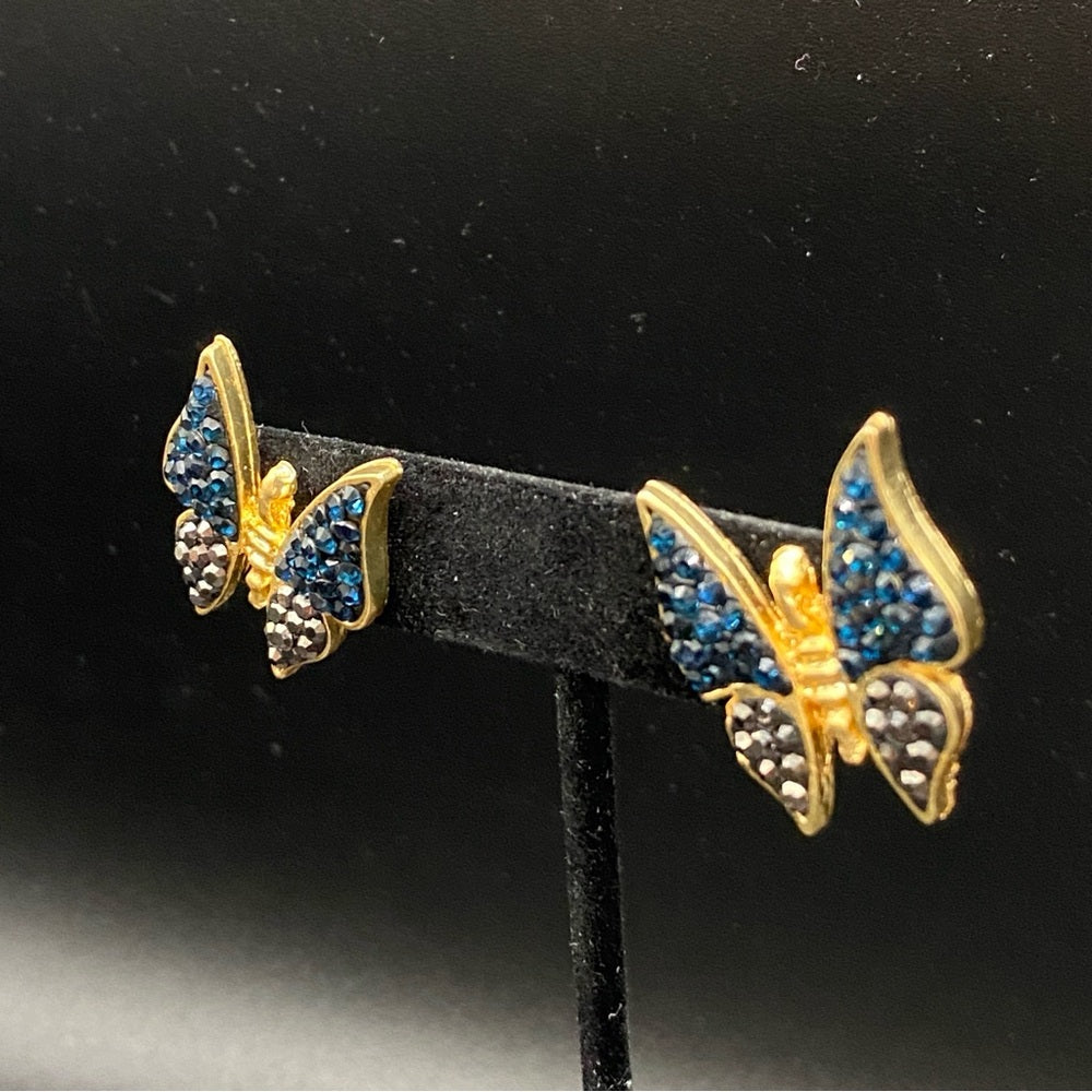 Pave Black and Gunmetal Grey Butterfly Pierced Gold Earrings